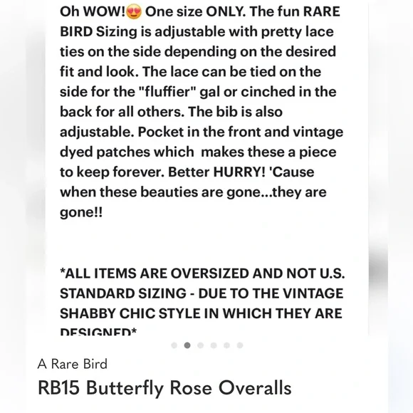 A RARE BIRD BUTTERFLY ROSE OVERALLS NWT sz OS - Picture 11 of 11